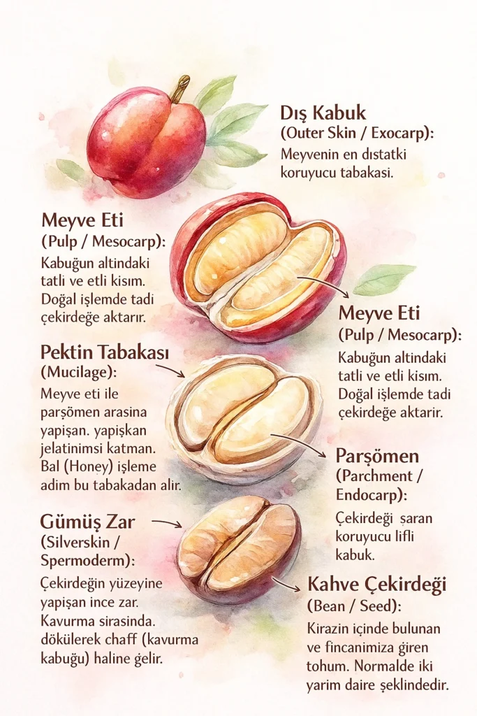 Kahve çekirdeğinin anatomisi ve katmanları: Dış kabuk, meyve eti (pulp), müsilaj, parşömen ve gümüş zar tabakalarının detaylı gösterimi.