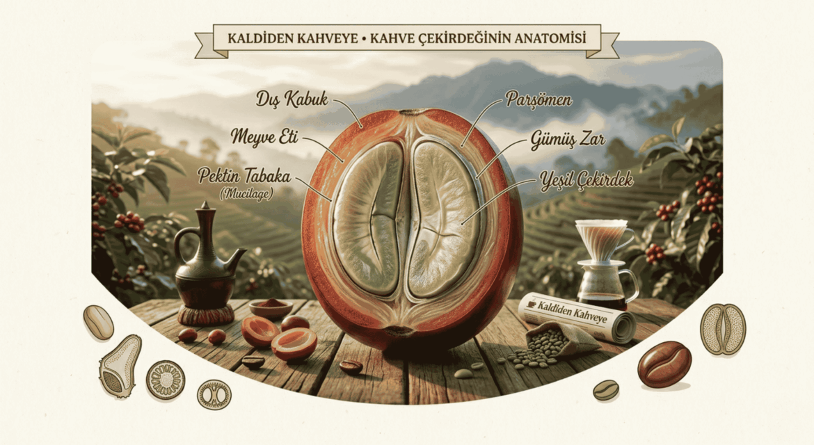 Kahve çekirdeğinin anatomisi ve katmanları infografik: Dış kabuk, meyve eti, pektin tabaka, parşömen, gümüş zar ve yeşil çekirdek detaylı gösterimi.